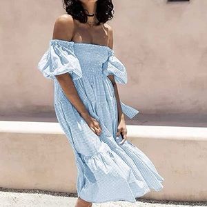 Gingham blue off shoulder summer dress (Small | Like New)